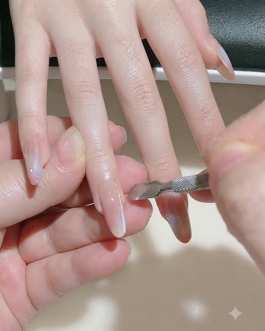Ein Magnetwerkzeug wird nah an einen glänzenden, mit Gel lackierten Fingernagel gehalten, um eine magnetische Schimmerlinie zu formen.