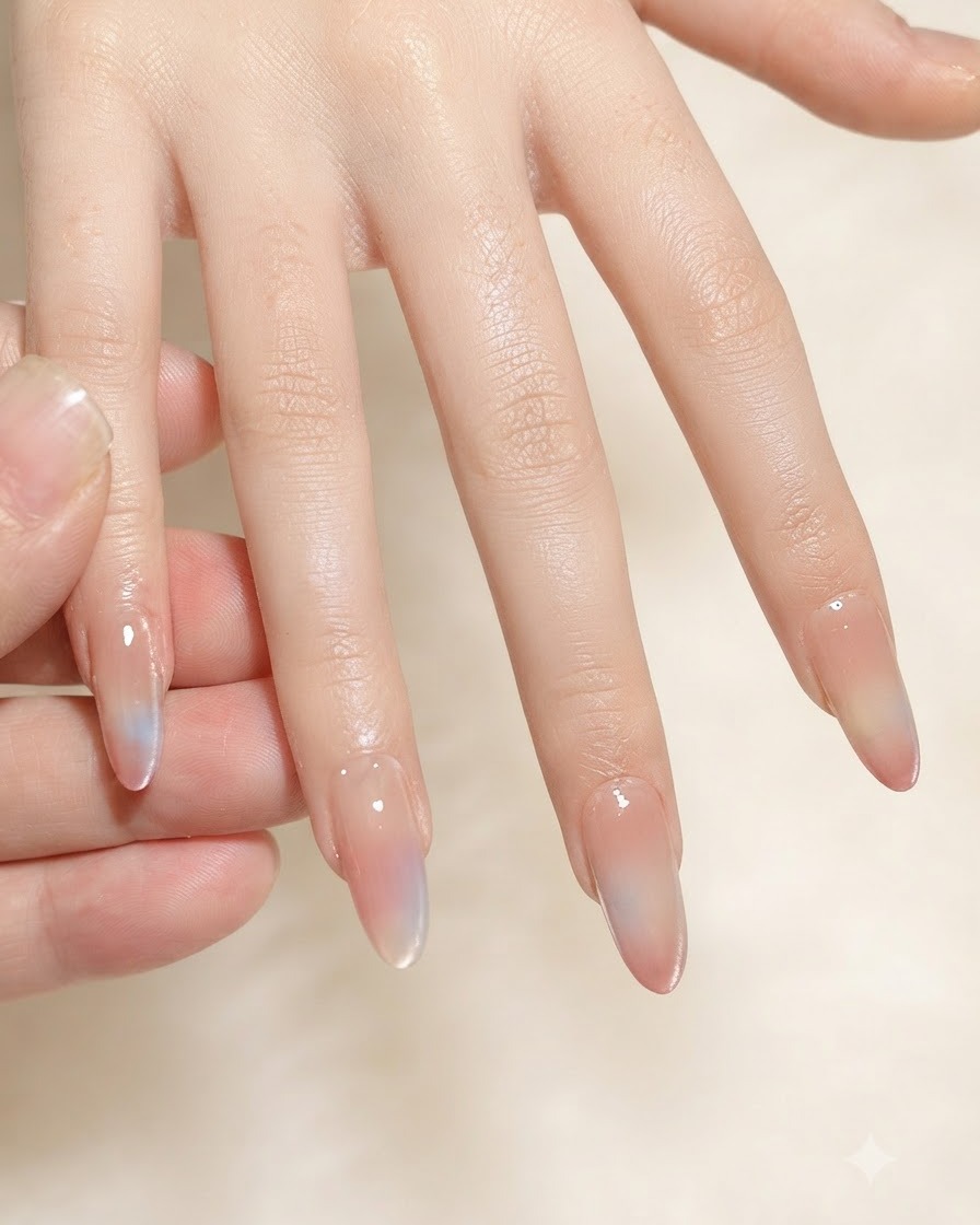 Ein Pinsel trägt eine Schicht glänzenden Top Coat über einen Nagel mit magnetischem Farbverlauf auf.