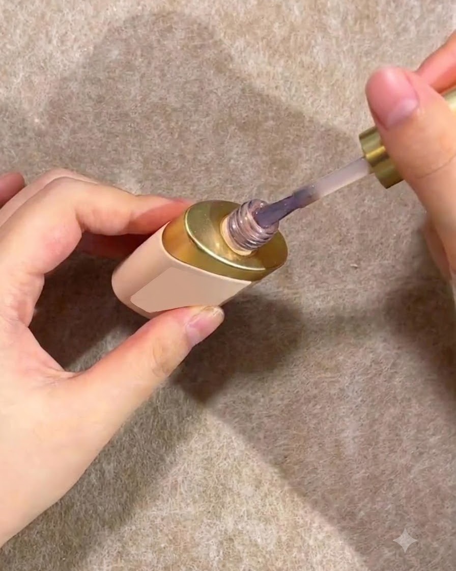 Ein Pinsel trägt Nude-Gel-Nagellack auf die untere Hälfte einer transparenten Nail-Art-Verlängerung auf.