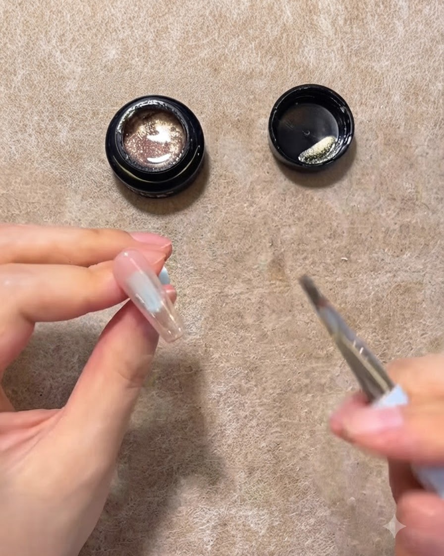 Ein Liner-Pinsel trägt rosa-goldenes Cat-Eye-Gel auf die obere Hälfte einer transparenten Nagelverlängerung auf.