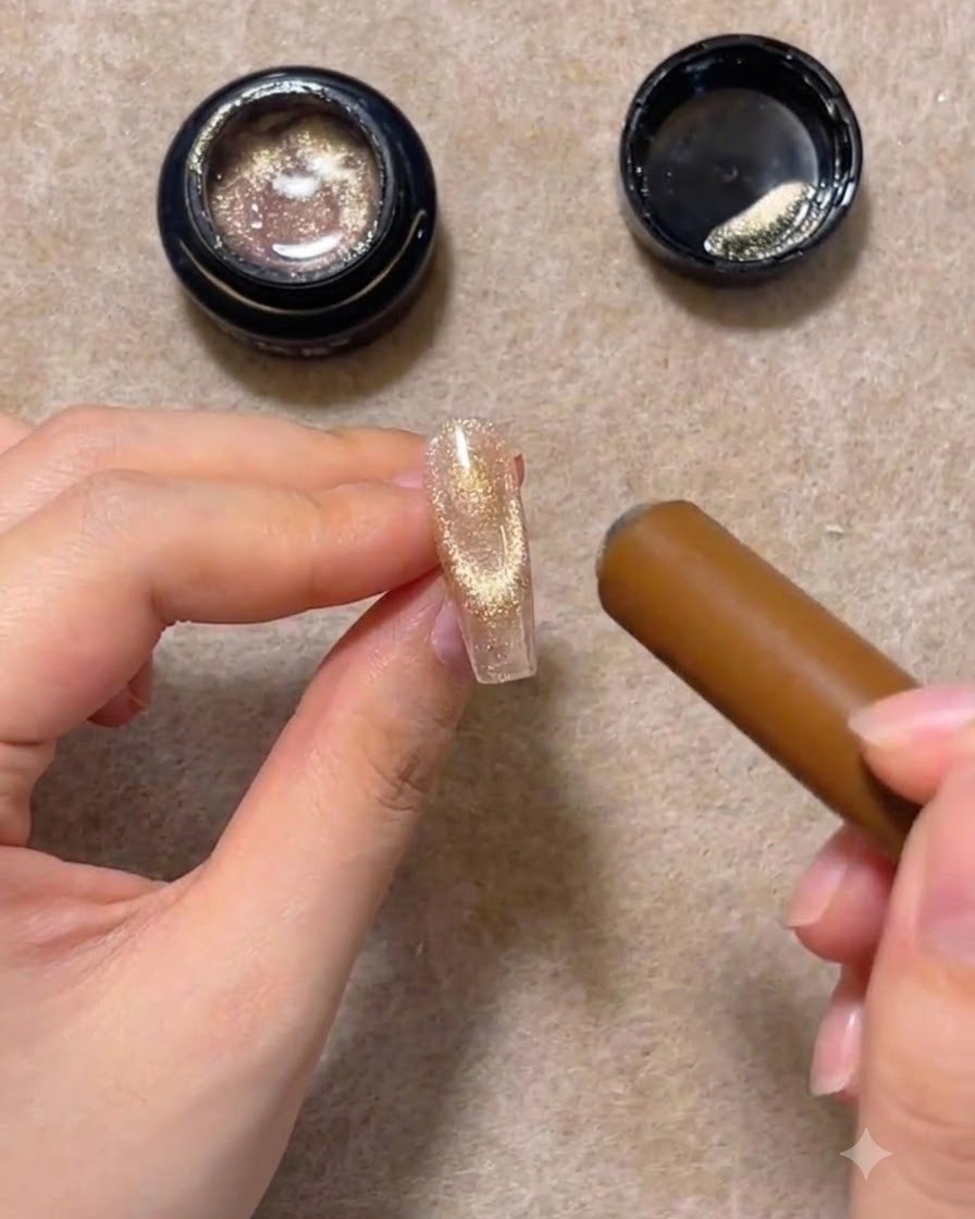 Ein zylindrischer Magnet schwebt über einer Nagelspitze, um die Cat-Eye-Schimmerpartikel zu aktivieren.