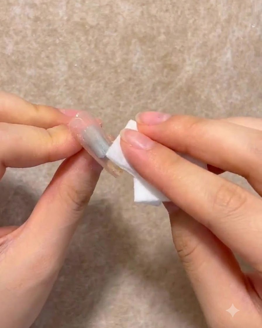 Ein fusselfreies Tuch reinigt die klebrige Rückstands Schicht einer ausgehärteten Gel-Nageloberfläche.