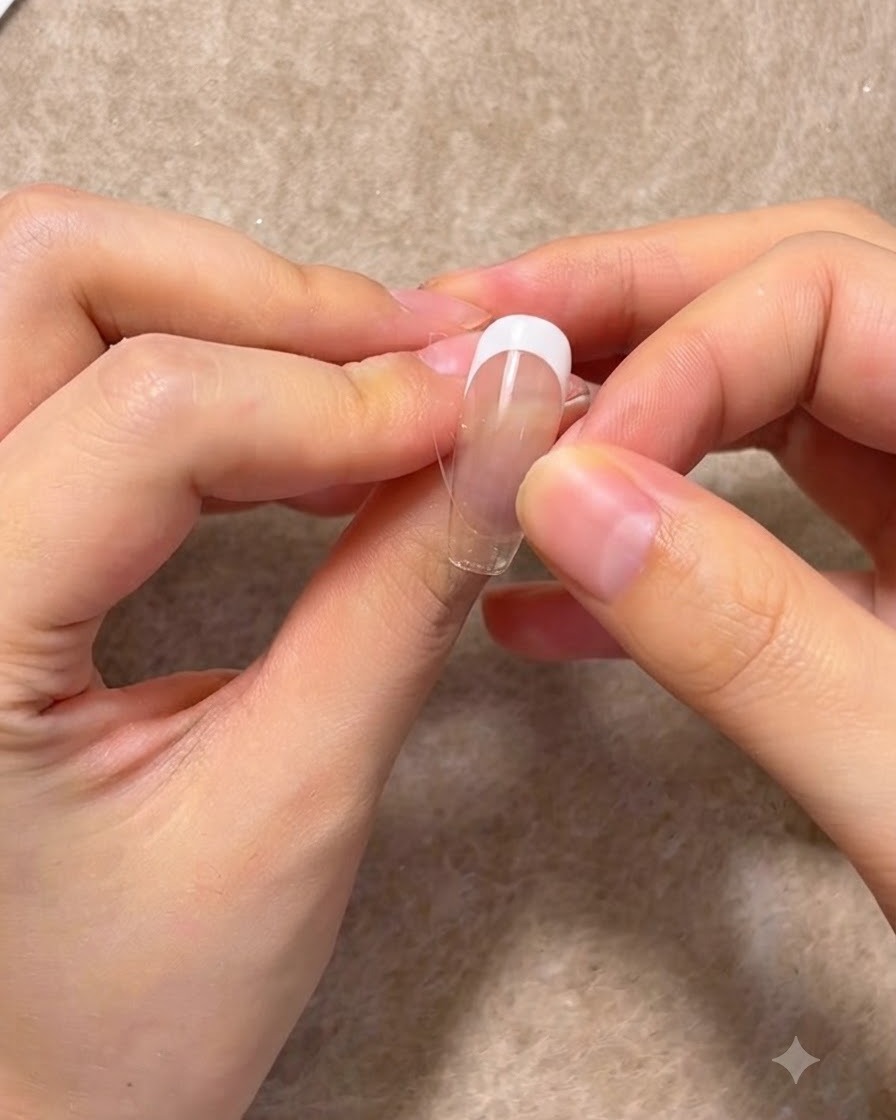Finger platzieren einen French-Nagel-Hilfsaufkleber auf der sauberen Oberfläche einer Nagelverlängerung.