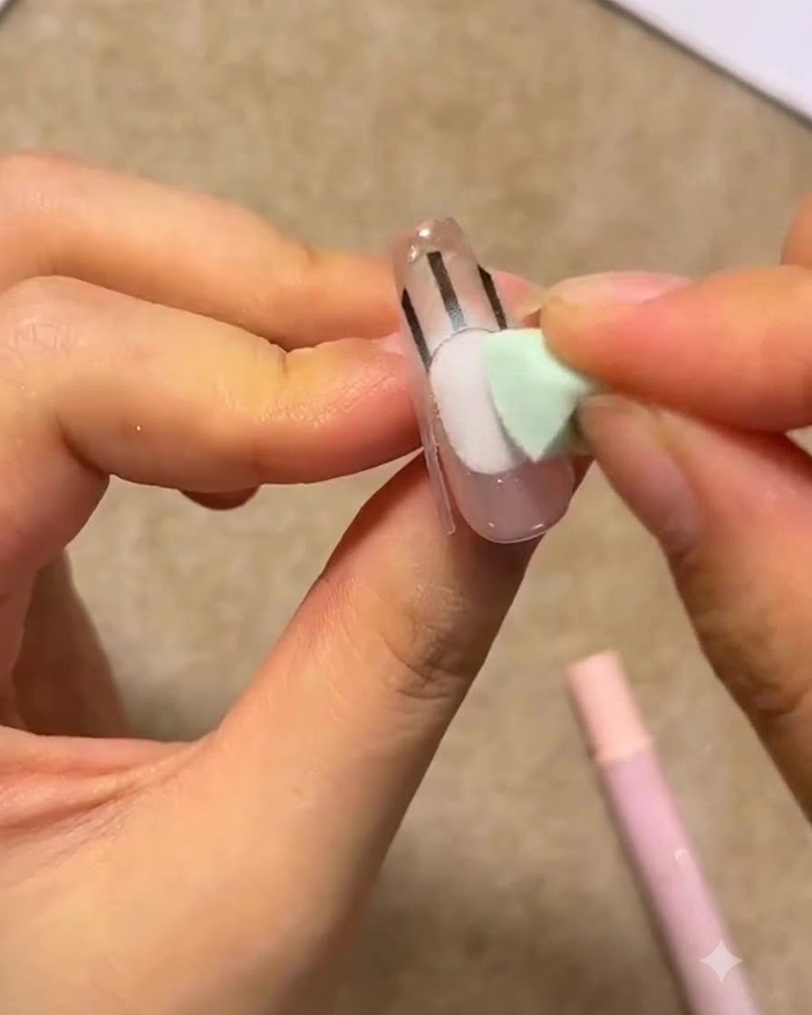 Ein kleiner grüner Schwamm-Applikator tupft weißes Gel auf einen Nagel mit French-Schablonen.