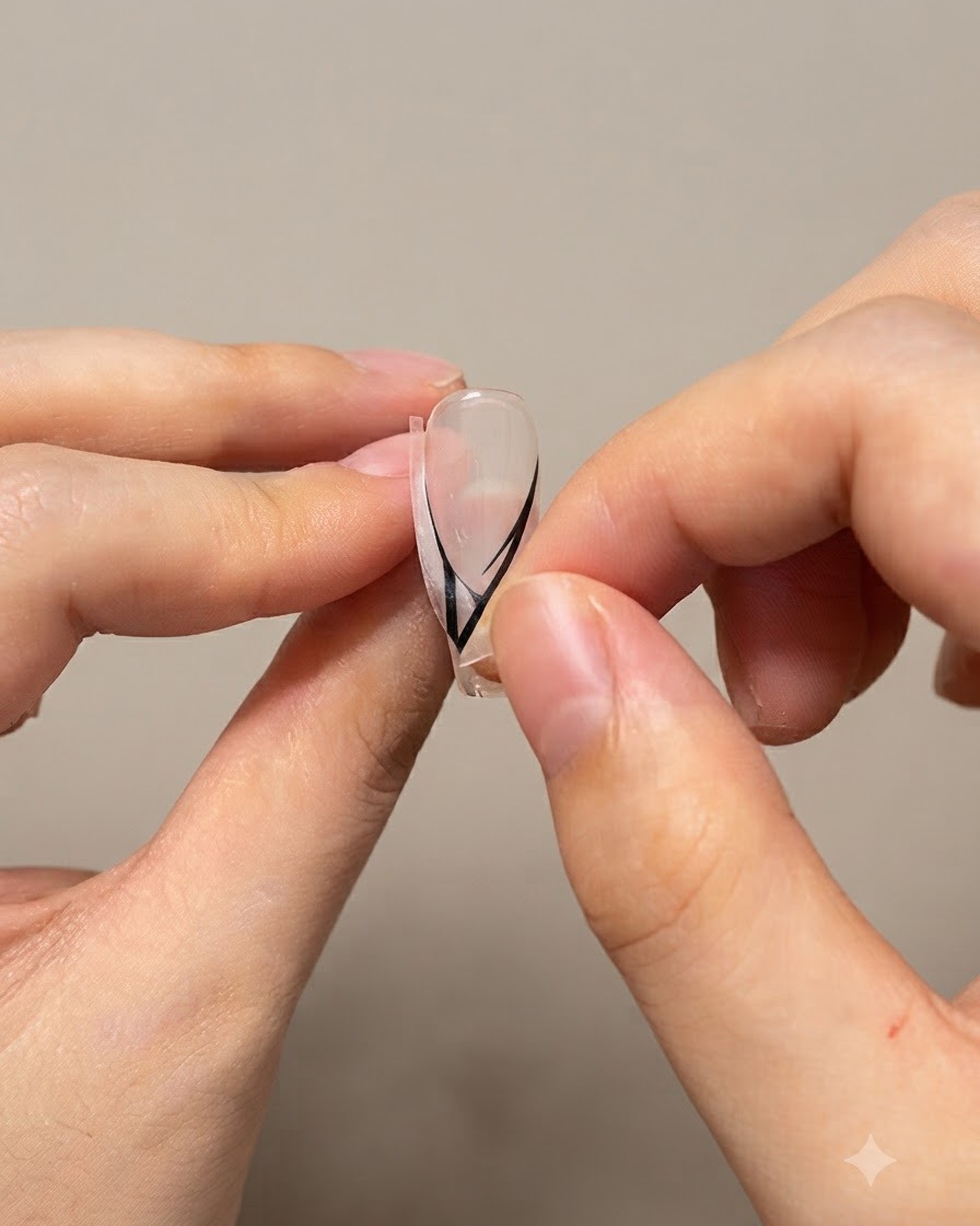 Nahaufnahme von Händen, die weiße French-Hilfssticker vorsichtig von den Seiten eines künstlichen Nagels abziehen.