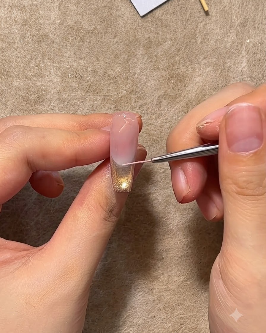 Ein feiner Nail-Art-Liner-Pinsel zieht akribisch eine rosa Begrenzungslinie quer über die Mitte eines verzierten Nagels.