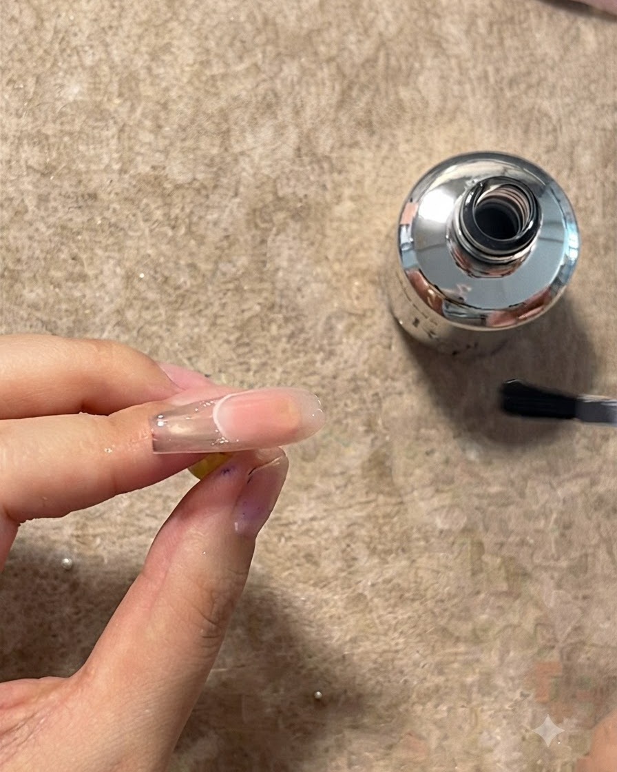 Eine Hand hält einen Nagelverlängerungshalter kopfüber über einer Arbeitsfläche.
