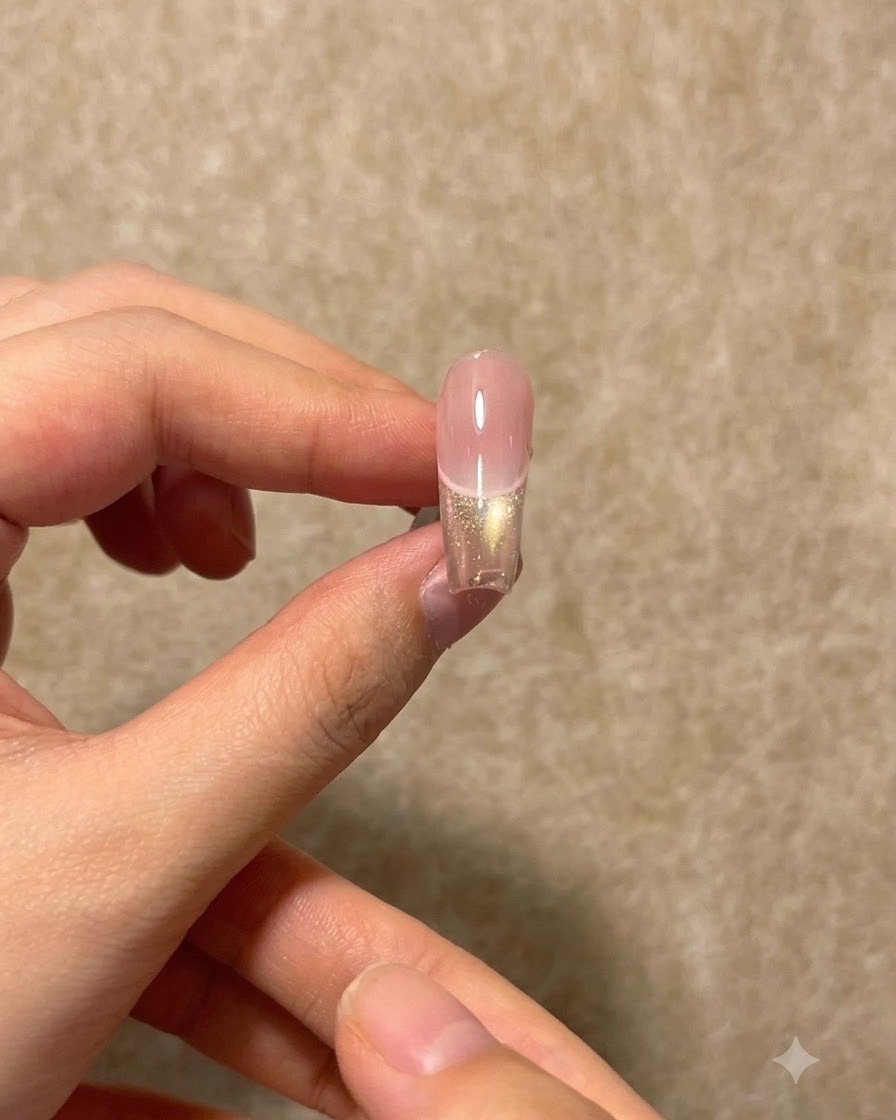Nahaufnahme eines fertigen rosa-goldenen Gradienten-French-Nagels vor einem neutralen Hintergrund.