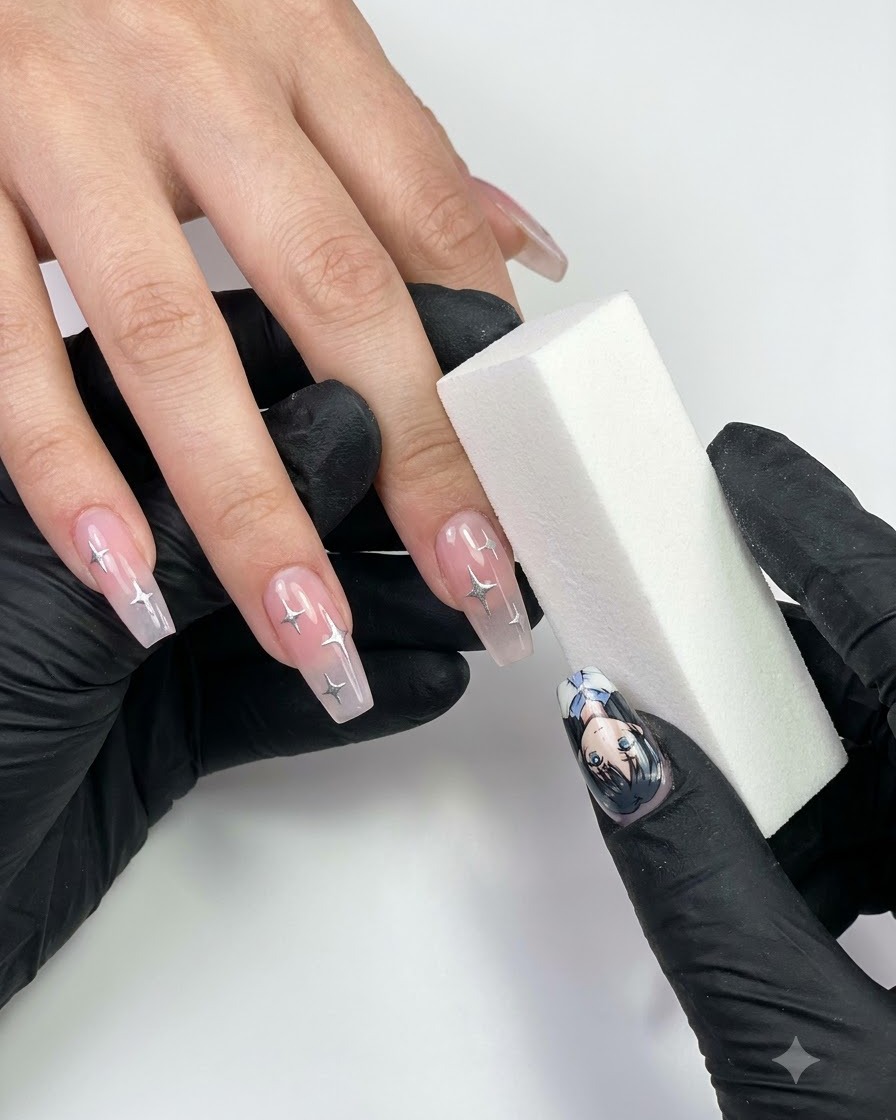 Eine Person mit schwarzen Handschuhen hält einen Nagel-Bufferblock in die Nähe der manikürten Finger.
