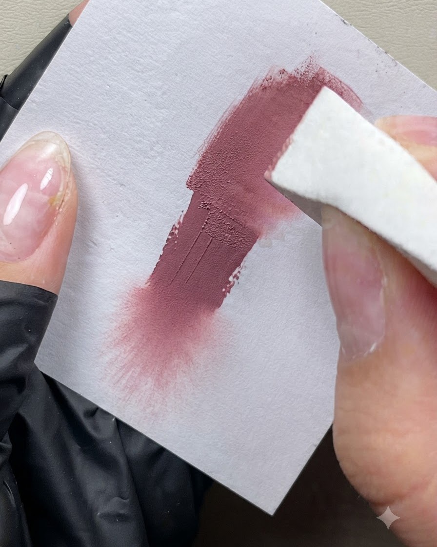 Ein Schwammblock tupft pfirsichrosa Gel auf eine Papierkarte und zeigt ein gleichmäßig strukturiertes Farbmuster.