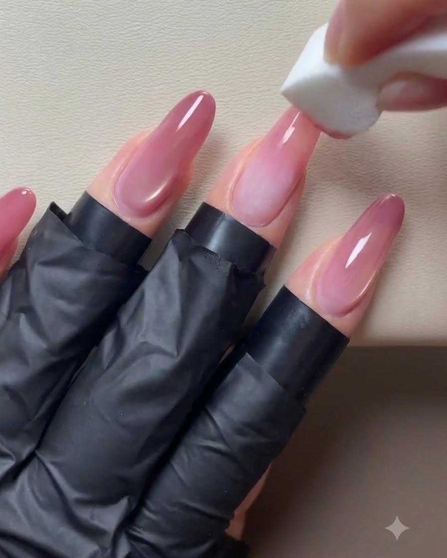 Ein Schwammblock tupft einen sanften rosa Verlauf auf die Spitzen langer Acrylnägel mit Nude-Basis.