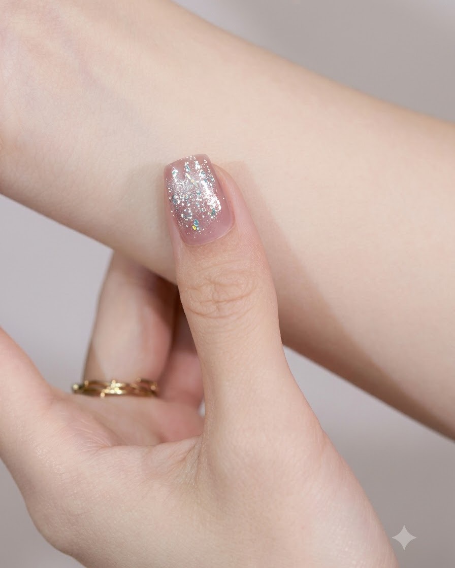 Ein feiner Liner-Pinsel trägt silbernes Liner-Gel auf, um ein zartes Randdetail an der Nagelspitze zu erzeugen.