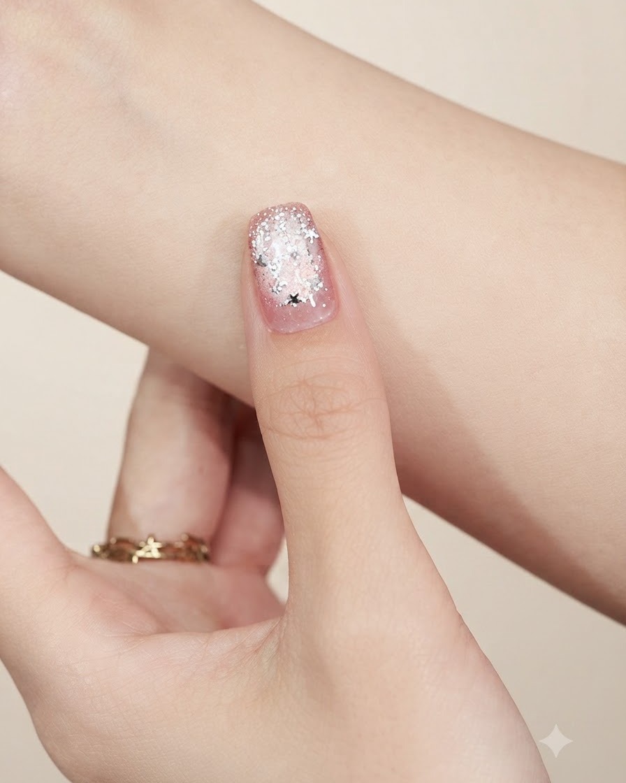 Ein Metallwerkzeug nimmt ein kleines, silbernes Stern-Glitterteilchen vor einem neutralen Hintergrund auf.