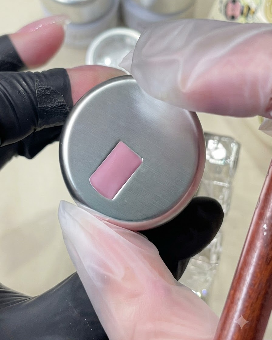 Ein Pinsel hält und zeigt die Konsistenz eines rosa Cat-Eye-Gels über einem Nagel-Setup.