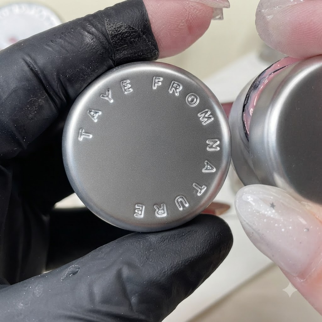 Ein Tiegel mit rosa Gel-Polish und geprägtem Text auf dem Deckel wird während der individuellen Farbvorbereitung hochgehalten.