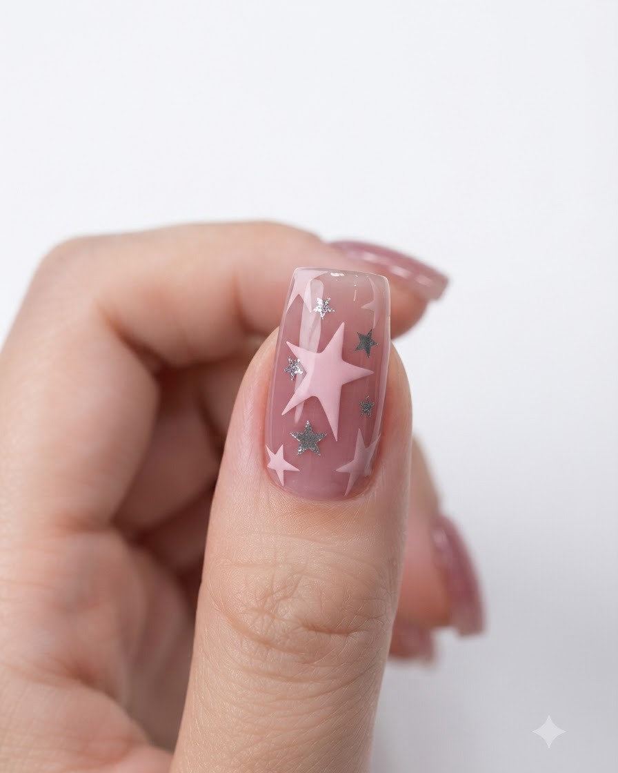Eine Nahaufnahme eines Daumennagels mit einem großen rosa gemalten Stern, der mit funkelnder Diamanttextur bedeckt ist.
