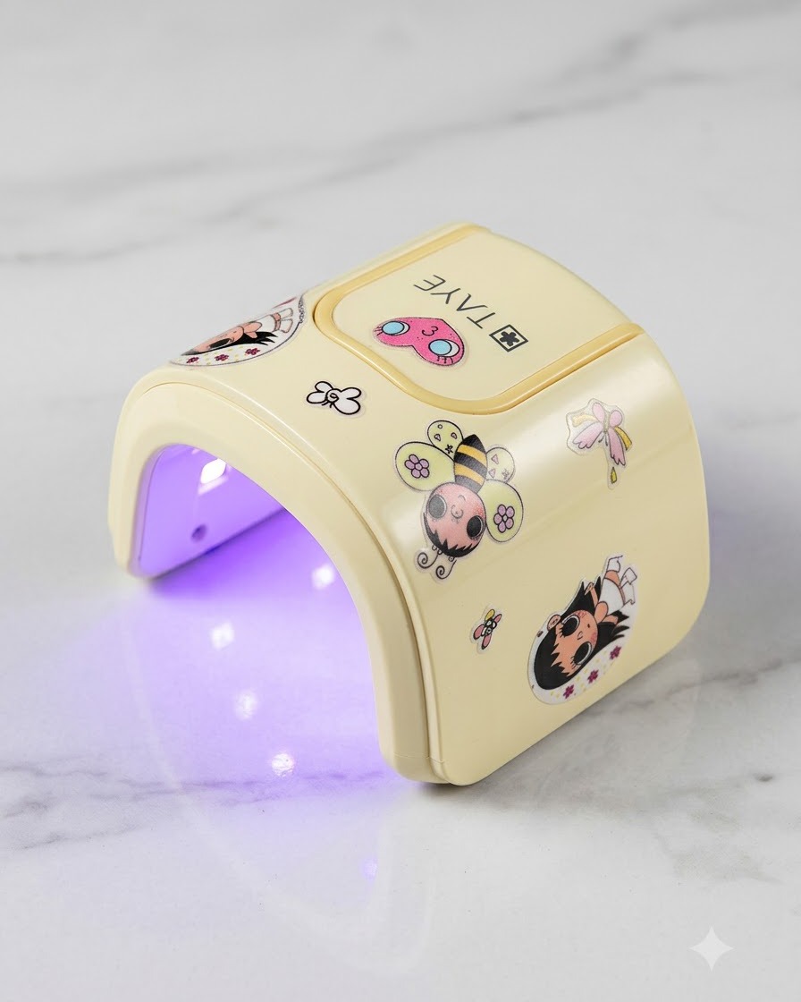 Eine Hand liegt in einer kompakten, tragbaren UV-LED-Lampe und härtet das aktuelle Nageldesign aus.