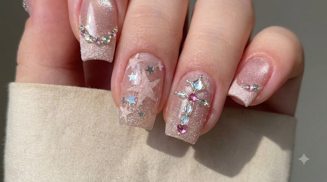 Sternenhimmel Französische Cat-Eye-Nägel — 3D-Kristall Nageldesign Anleitung