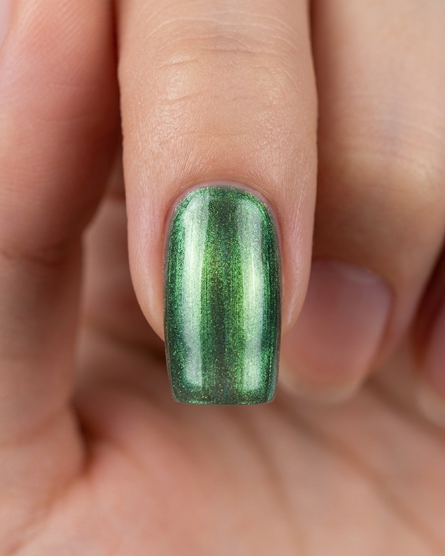 Eine Nahaufnahme eines grün lackierten Cat Eye Nagels mit einem magnetischen Streifeneffekt in der Mitte.