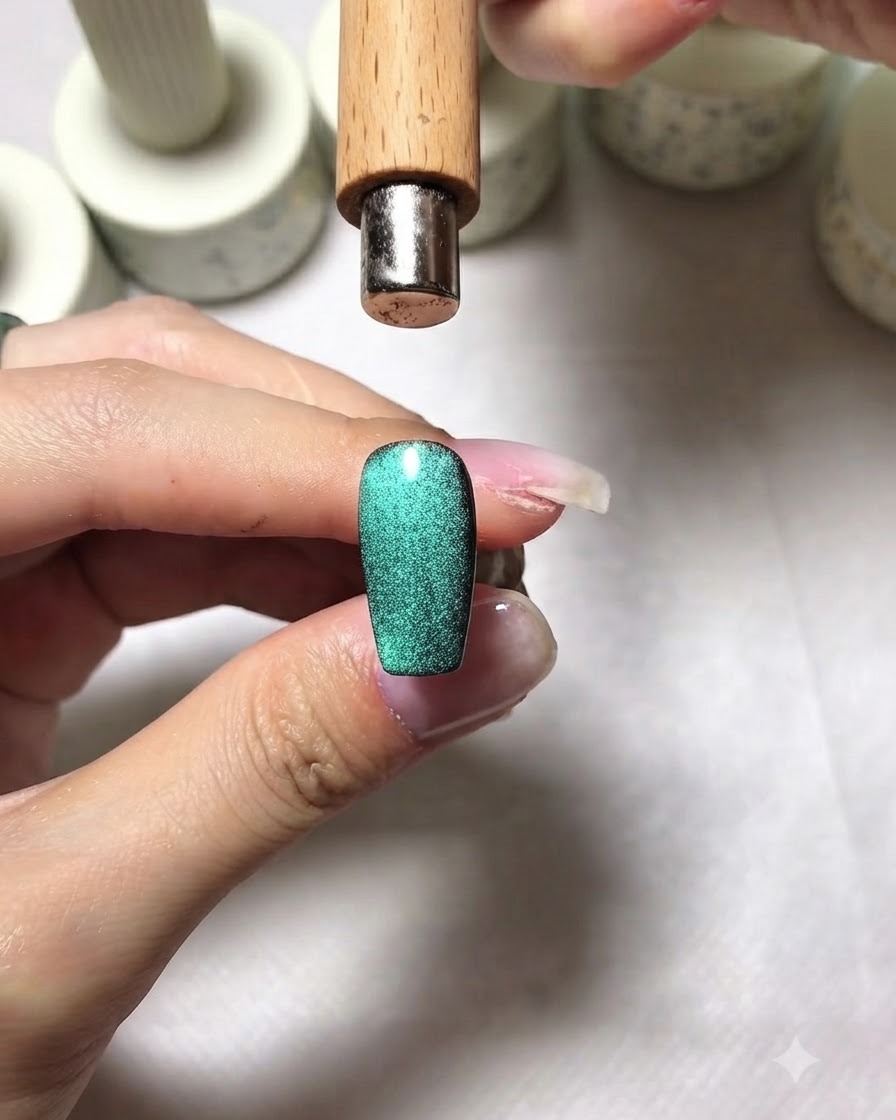 Ein Magnetstab wird direkt über einen funkelnden grünen Cat Eye Nagel gehalten, um das Licht zu sammeln.