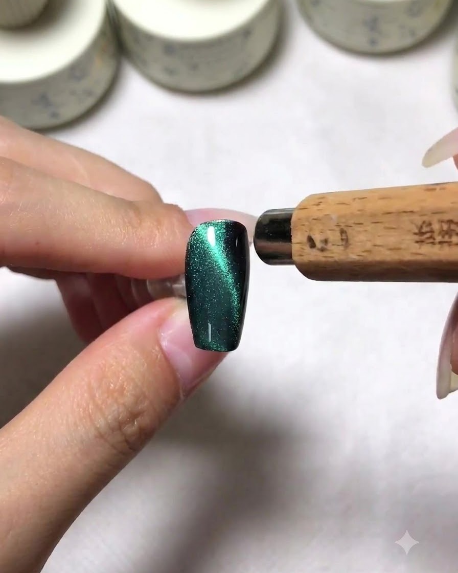Ein Magnetwerkzeug wird auf der rechten Seite eines grünen Cat Eye Nagels positioniert, um einen seitlichen Streifen zu erzeugen.