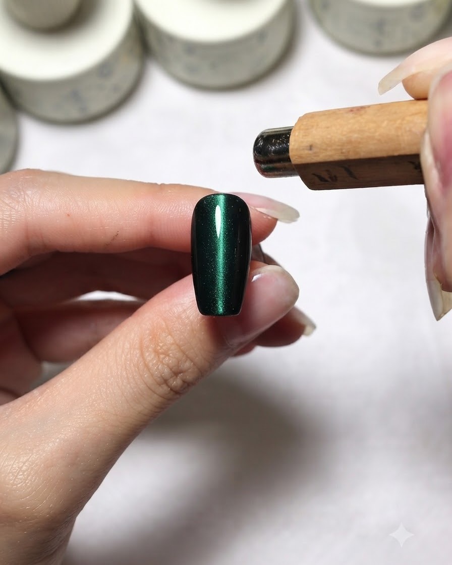 Ein zylindrischer Magnet wird über einen dunkelgrünen Cat Eye Nagel gehalten, um einen C-förmigen Lichtstreifen zu formen.