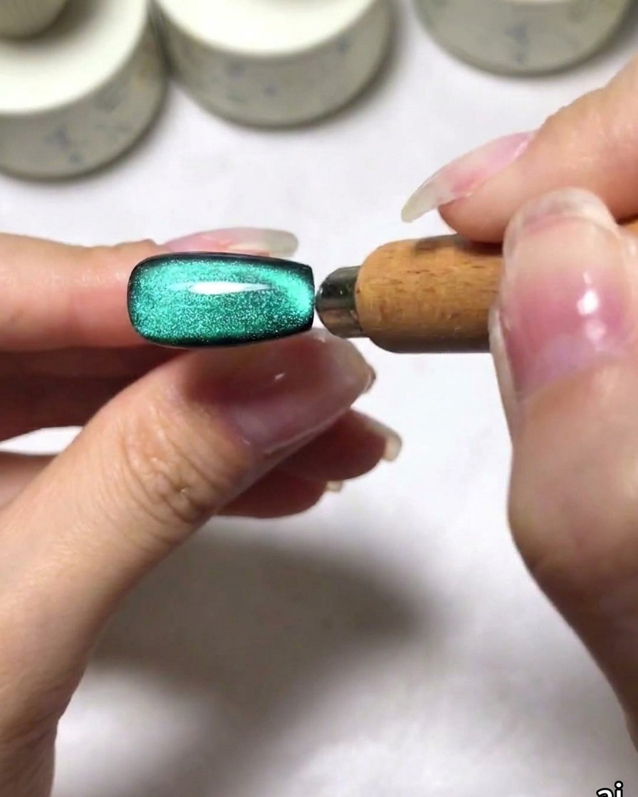 Ein Magnet formt ein leuchtend grünes Cat Eye Highlight in eine Smile-Line-Kurve an der Nagelspitze.