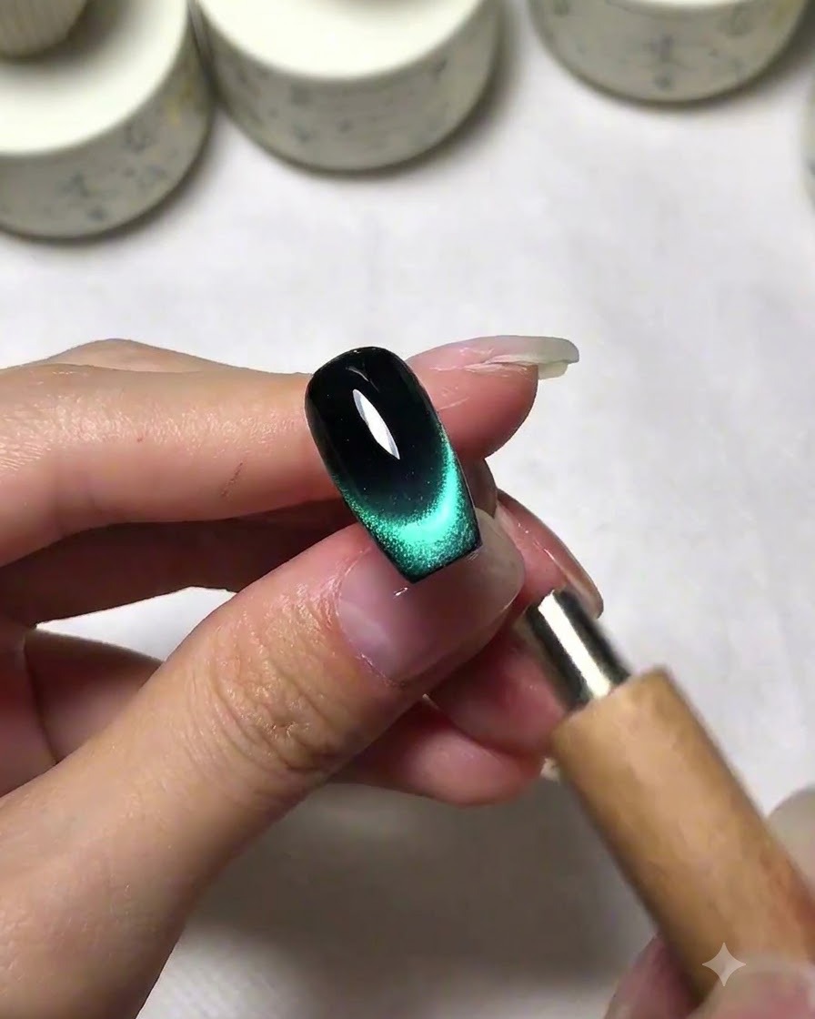 Ein Magnet zerstreut das Cat Eye Pigment, um auf einem dunklen lackierten Nagel einen French-Gradient Effekt zu erzeugen.