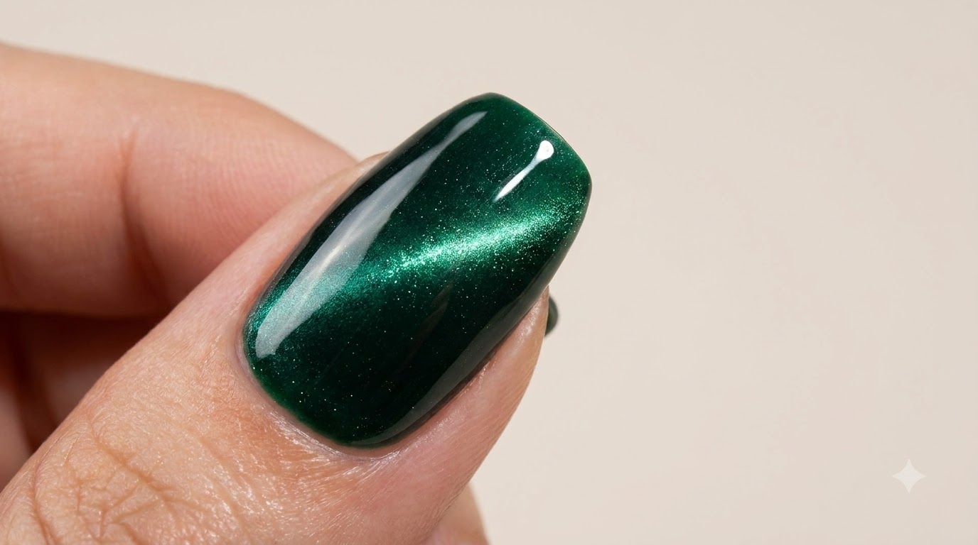 Eine Nahaufnahme eines perfekt veredelten dunkelgrünen Cat Eye Magnet-Gelnagels, der einen tiefen, lebendigen und fokussierten magnetischen Lichteffekt zeigt.