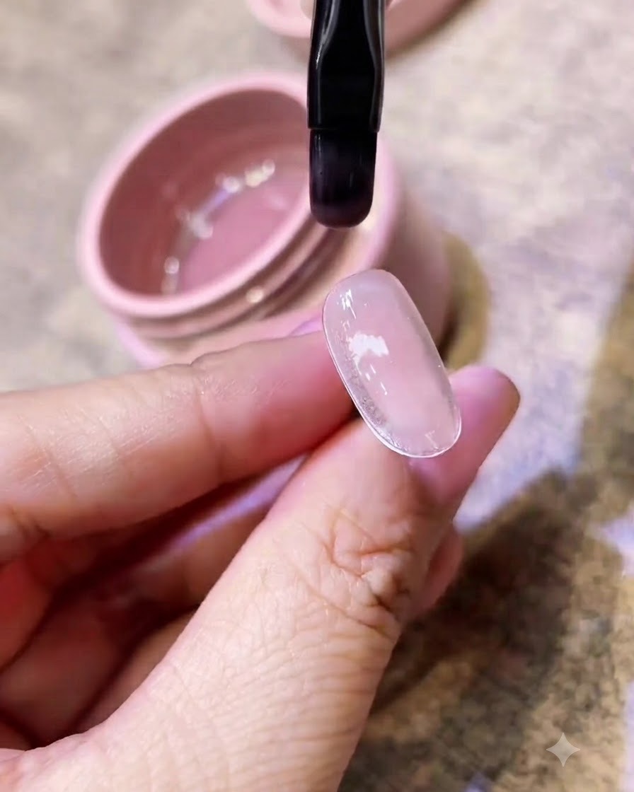 Ein flacher Gelpinsel trägt gleichmäßiges, nudefarbenes rosa Gel auf einen klaren Nageltipp über einem rosa Geltiegel auf.