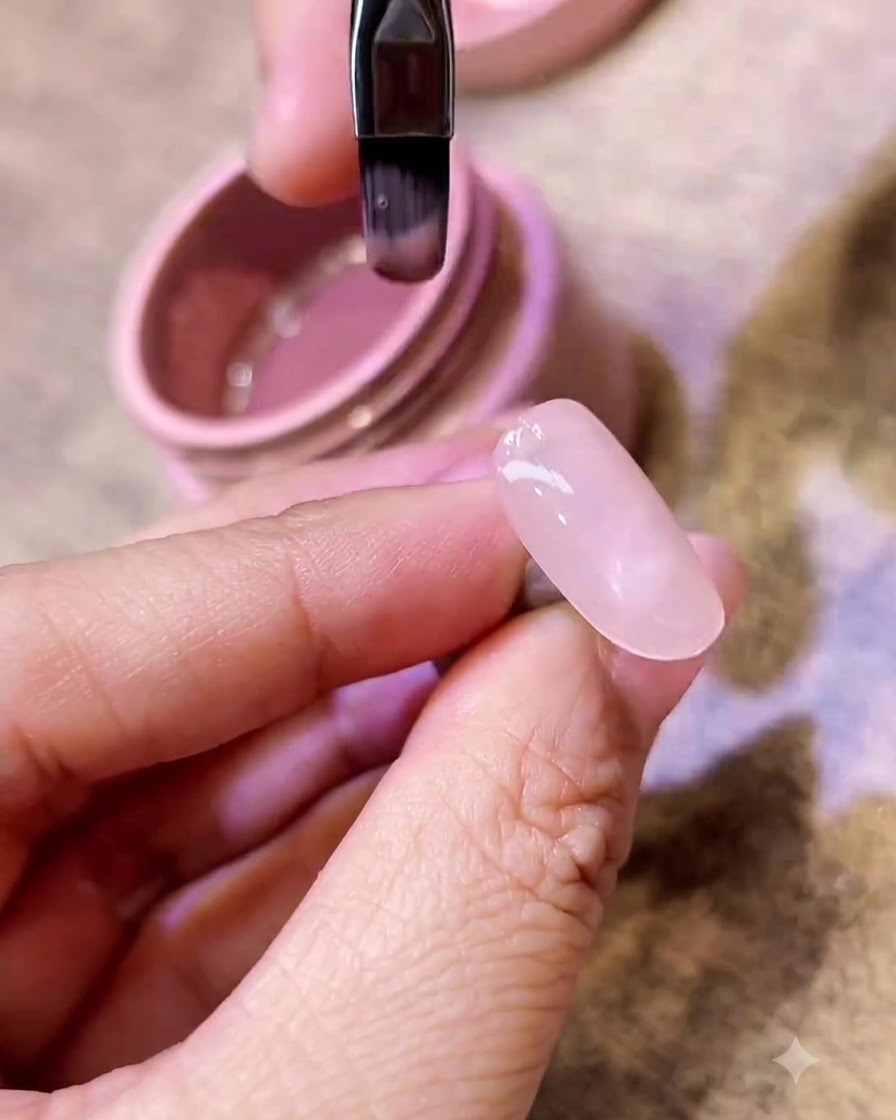 Eine Hand legt einen Nagel zum Aushärten unter eine professionelle UV/LED-Lampe.
