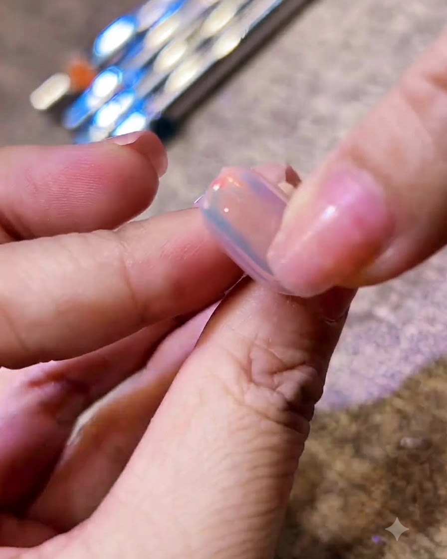 Ein manikürter Nagel wird unter dem Licht einer Nagellampe ausgehärtet.