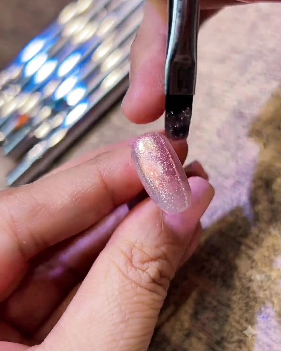 Ein Gelpinsel trägt funkelnden Cat-Eye-Gellack auf einen Nagel auf.