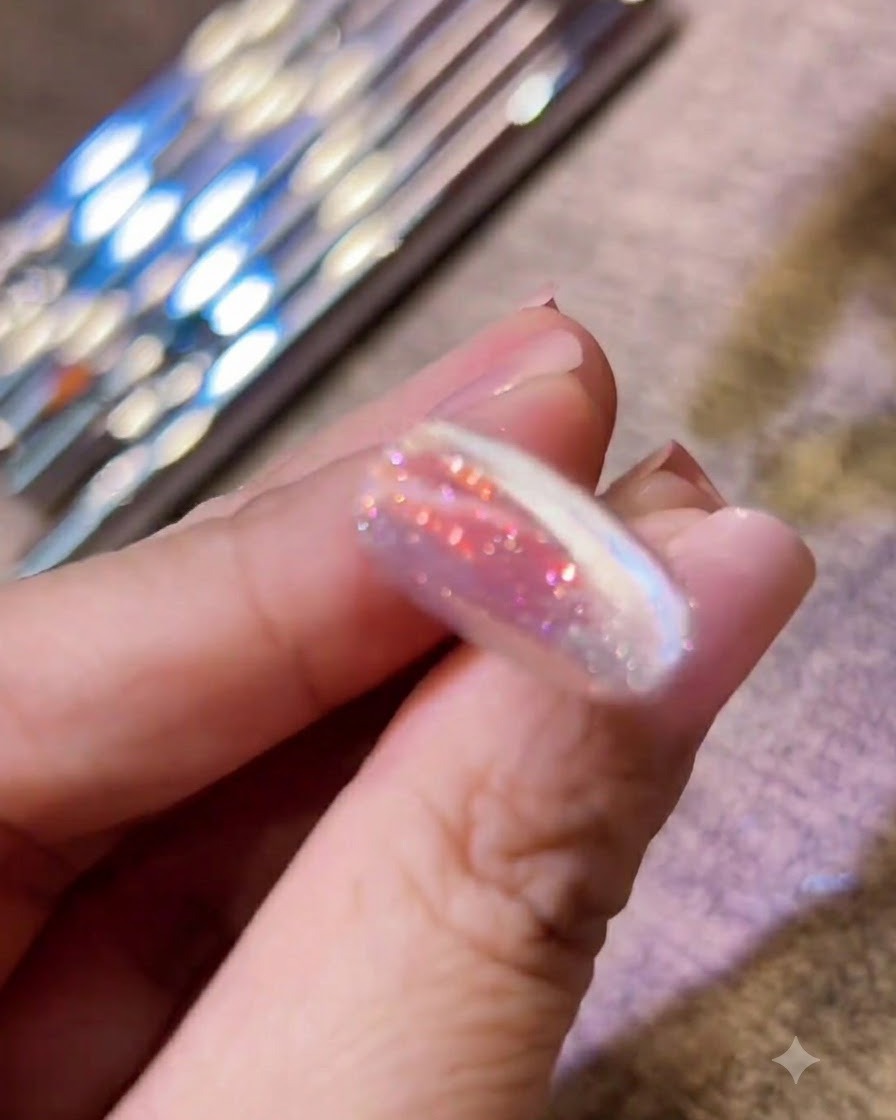 Eine Hand ruht in einer UV-LED-Nagellampe mit leuchtend violettem Licht, das das Gel aushärtet.