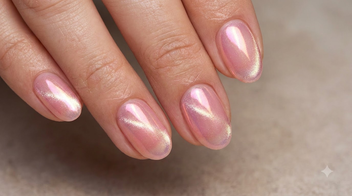 Half-Aurora Blush Cat-Eye Gel-Maniküre für kurze Nägel