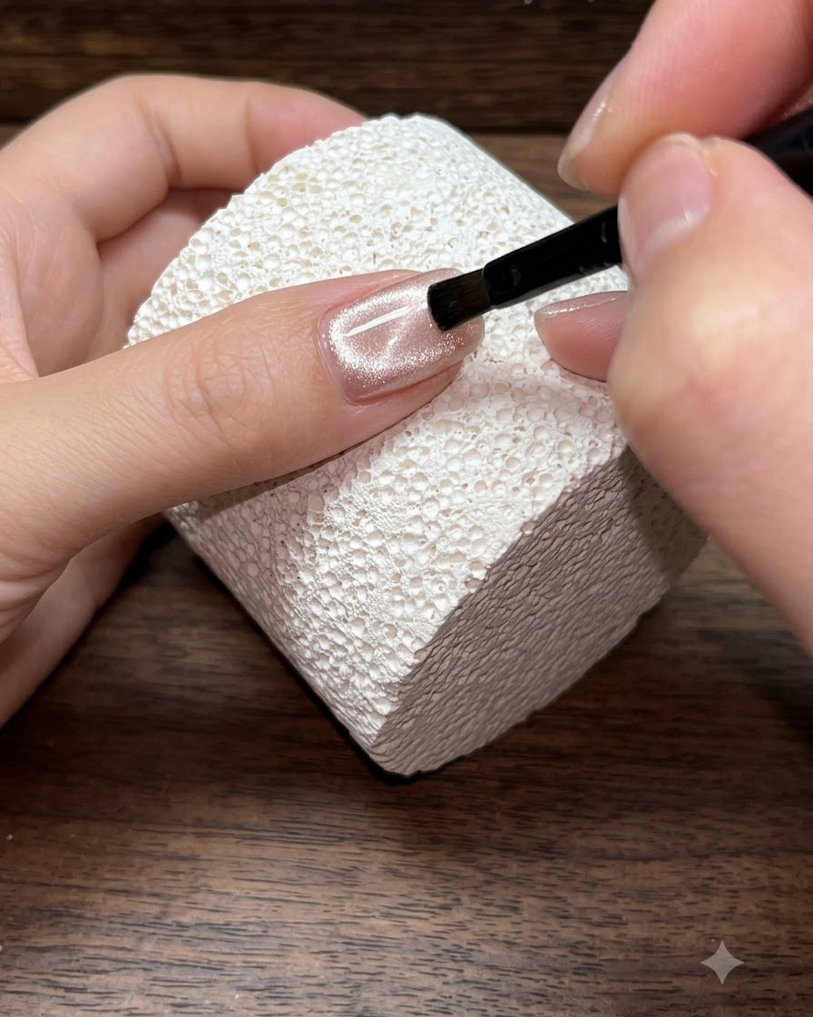 Ein Nagelpinsel trägt champagnerfarbenes Cat-Eye-Gel auf eine vorbereitete Nageloberfläche auf.