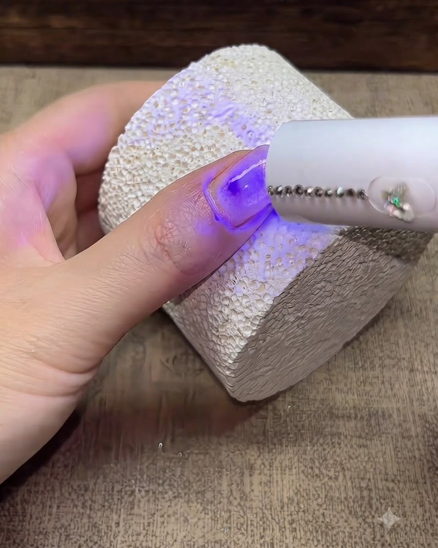 Eine tragbare UV/LED Nagellampe härtet einen manikürten Finger auf einer strukturierten weißen Oberfläche aus.