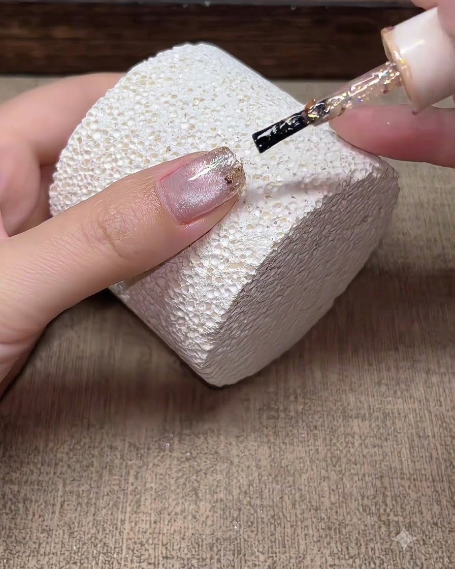Ein Nagelpinsel tupft champagnerfarbene Glitzerflocken auf die Spitze eines Cat-Eye-Gel-Nagels.