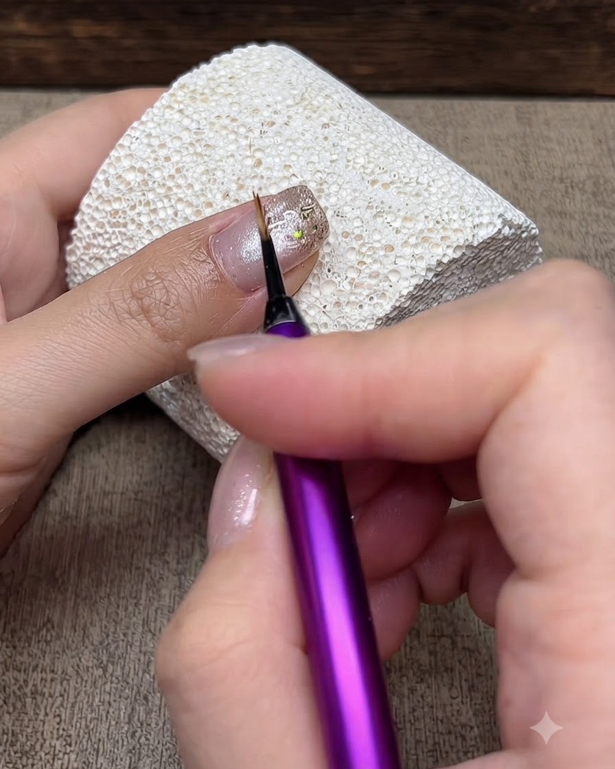 Ein feiner Liner-Pinsel wird während der Detailarbeit zart über eine glitzernde Verlaufsoberfläche gehalten.