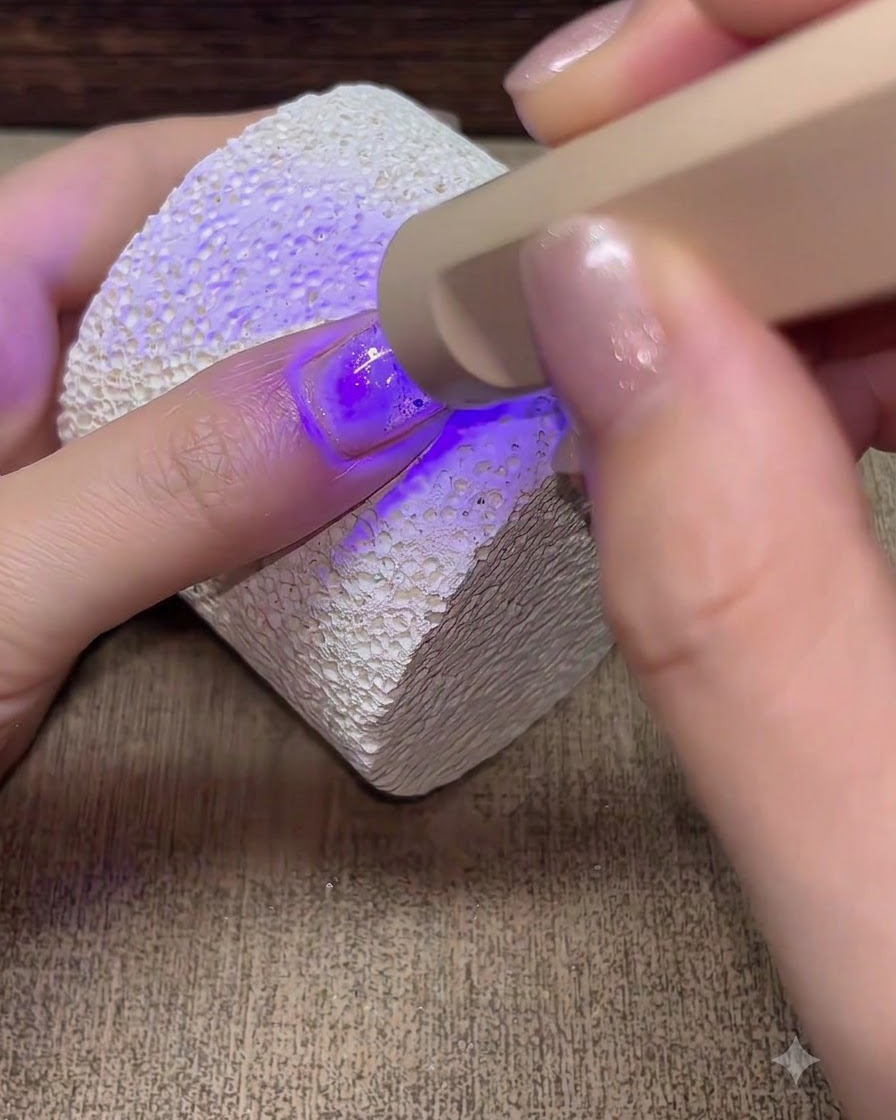 Eine tragbare UV/LED Lampe härtet einen mit Builder Gel bedeckten Nagel aus.