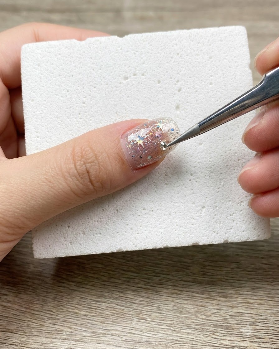 Ein Detailwerkzeug platziert eine kleine silberne Strass-Kugel auf einem dekorierten Fingernagel auf einem Schwammblock.