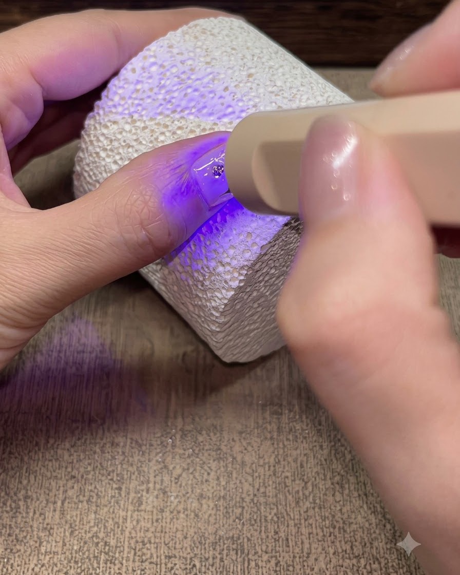 Eine tragbare UV/LED-Lampe härtet die finale Top-Coat-Versiegelung über einem funkelnden Sternen-Nageldesign aus.