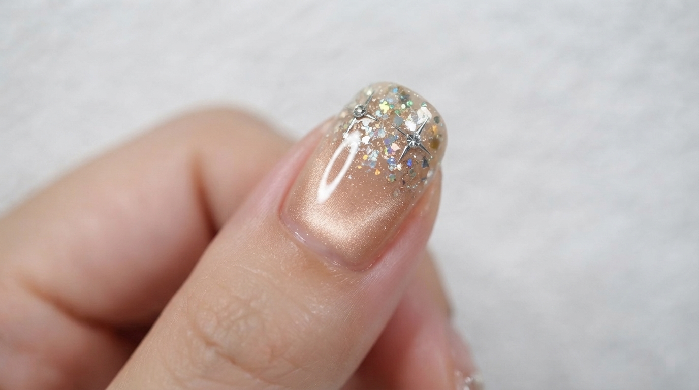 Glitzerndes Champagner Cat-Eye-Gel Nageldesign mit Sternen