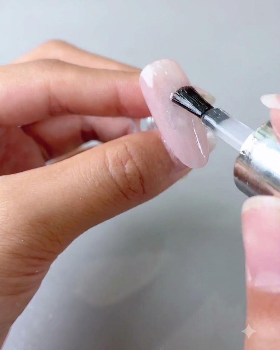 Ein Pinsel trägt eine Schicht klaren Top Coats auf die Oberfläche eines manikierten Nagels auf.