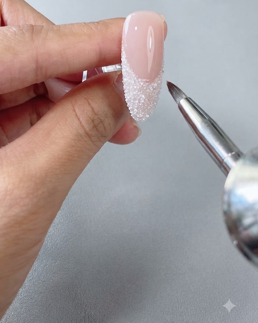 Ein kleiner Nagelpinsel kehrt überschüssiges weißes Dip-Powder sanft von der French-Spitze eines langen Almond-Nagels abcite: 1.