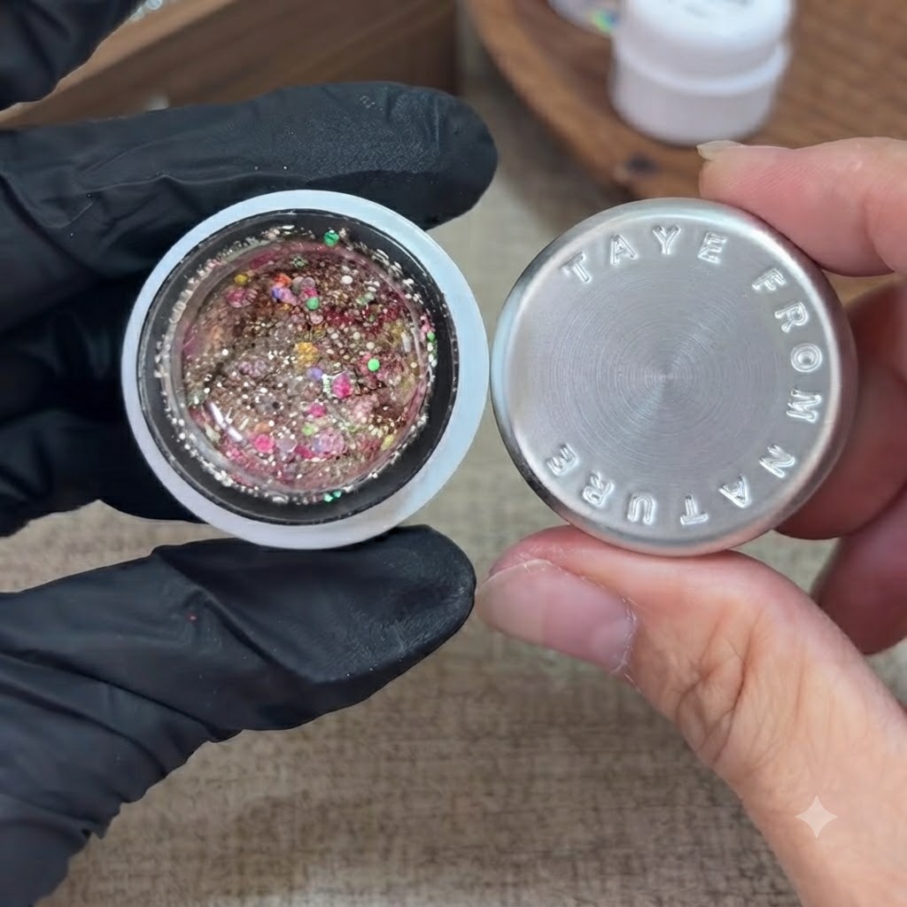 Eine behandschuhte Hand hält einen offenen Tiegel mit Glitzergel, während ein kleiner Pinsel in die bunte Mischung eintaucht.