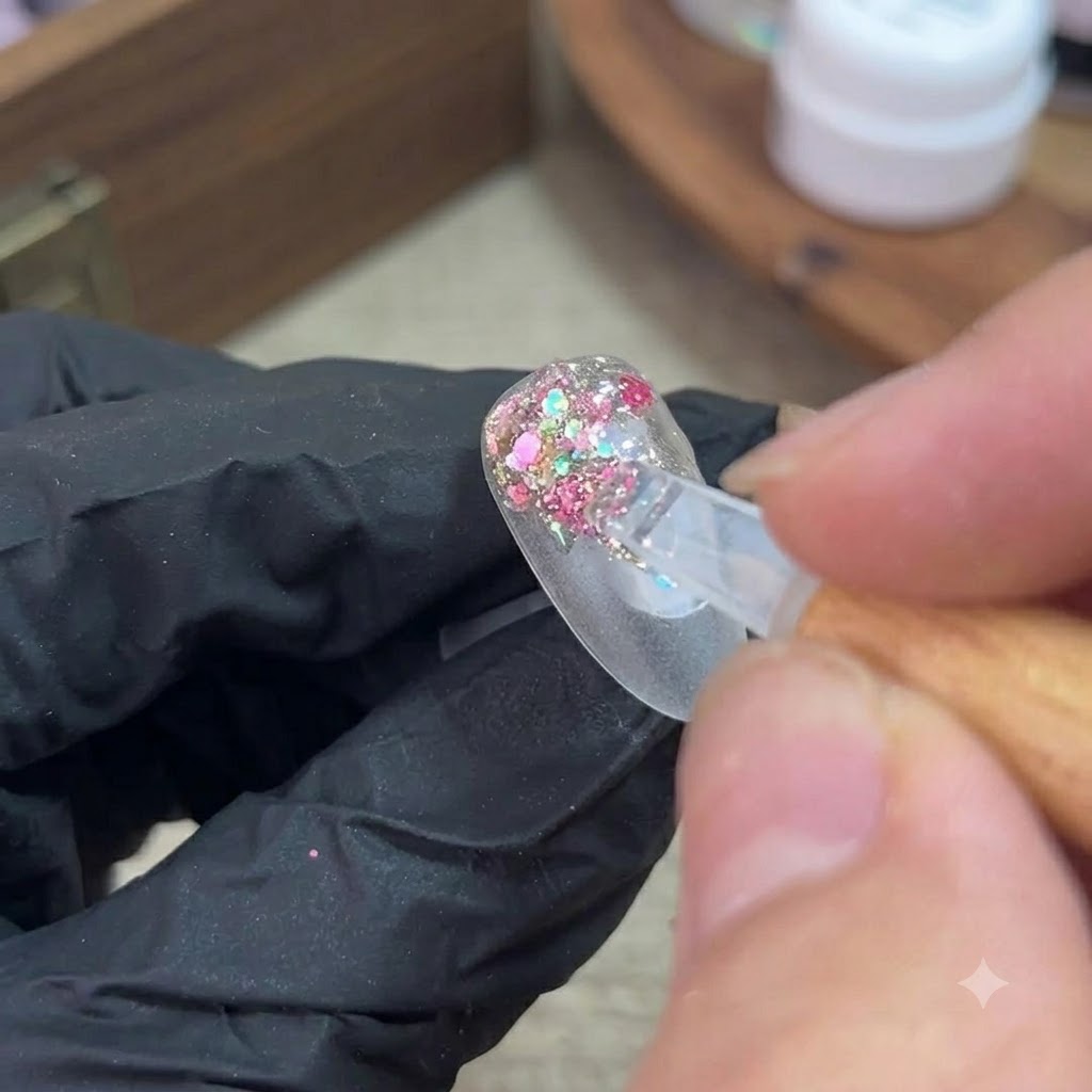 Ein kleiner Pinsel trägt buntes Glitzergel auf den hinteren Rand einer klaren Nagelspitze auf.