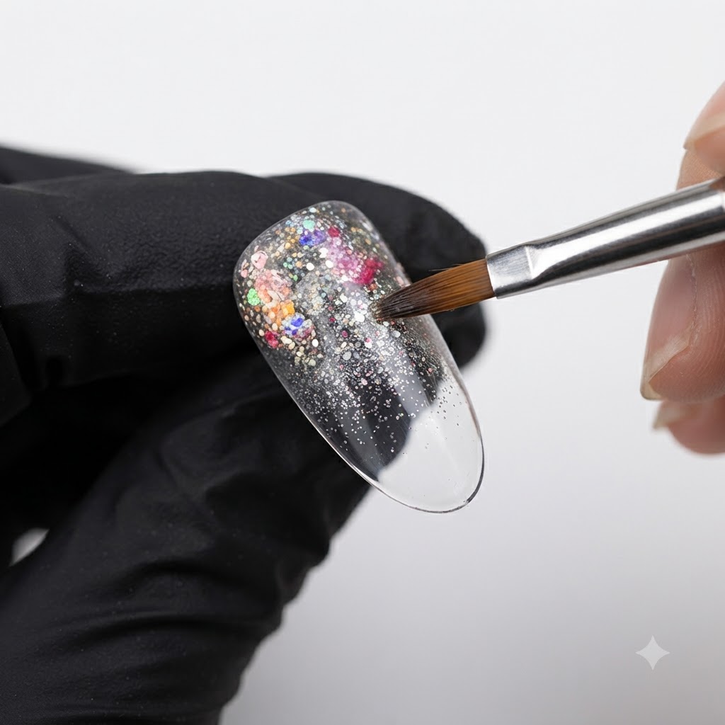 Ein Pinsel streicht Glitzergel nach unten über eine Nagelspitze, um einen Ombré-Farbverlauf zu erzeugen.
