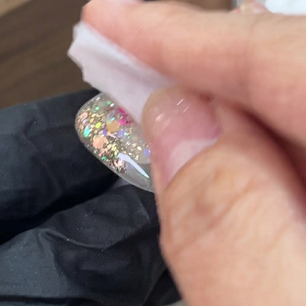 Ein fusselfreies Tuch reinigt die Oberfläche eines manikürten Nagels, um die klebrige Schicht zu entfernen.