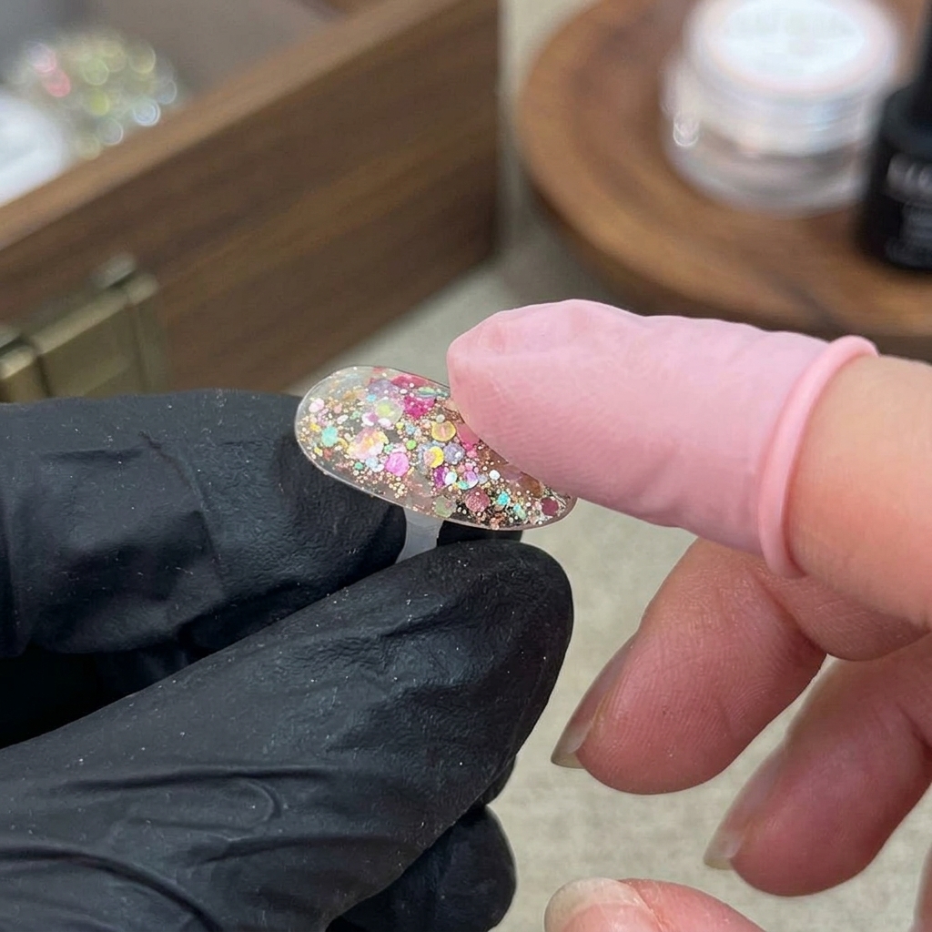 Ein kleiner Make-up-Schwamm tupft sanft einen weißen Gel-Verlauf auf eine Nude- und Glitzer-ummantelte Nagelverlängerung.